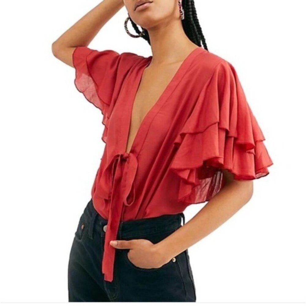Intimately Free People Call Me Later Solid Bodysuit Top Red Ruffle Sleeve Small